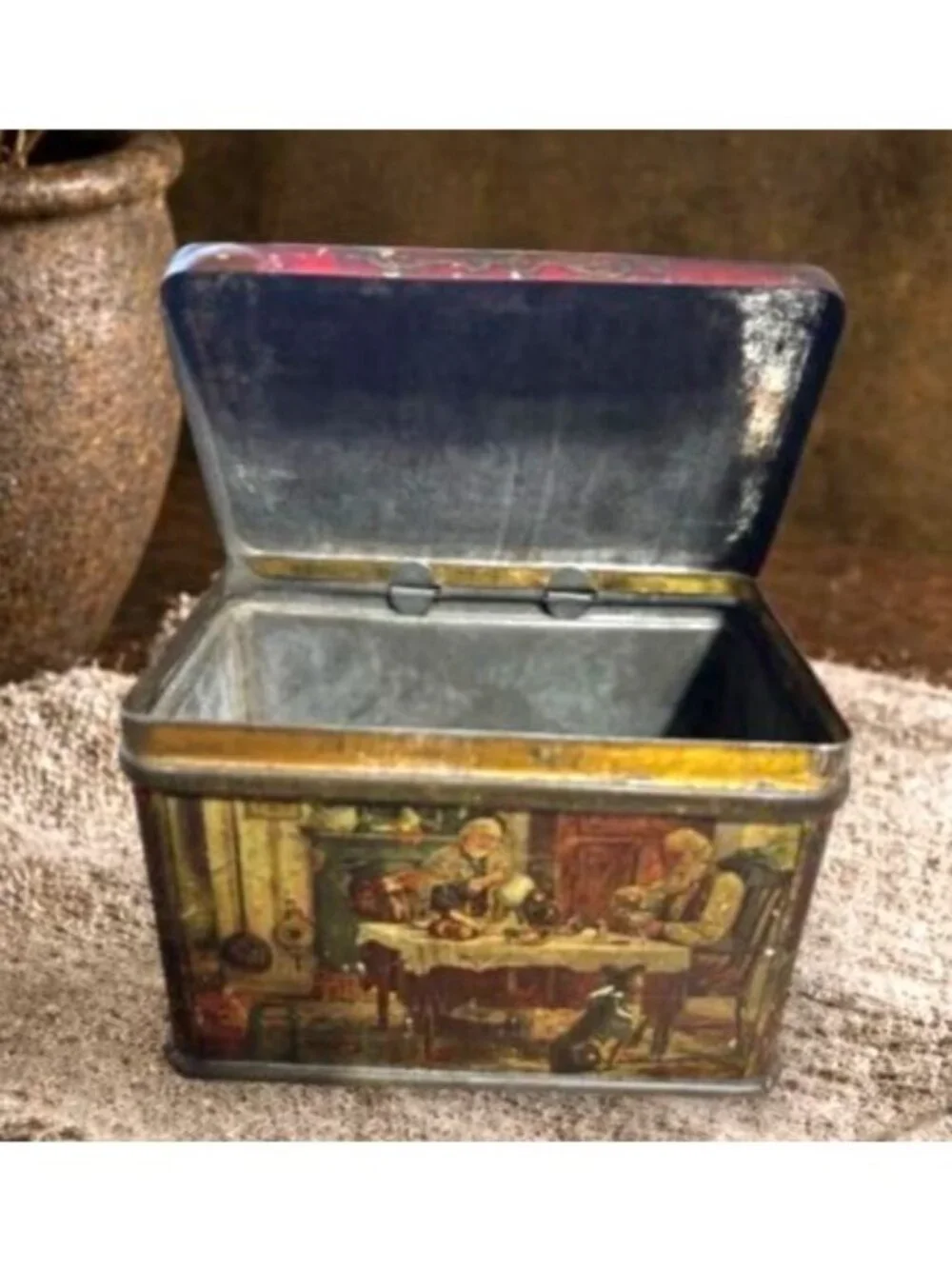 Antique English Cottage Tea Tin | Pride of Odessa Brand | Storybook Tea Scene |